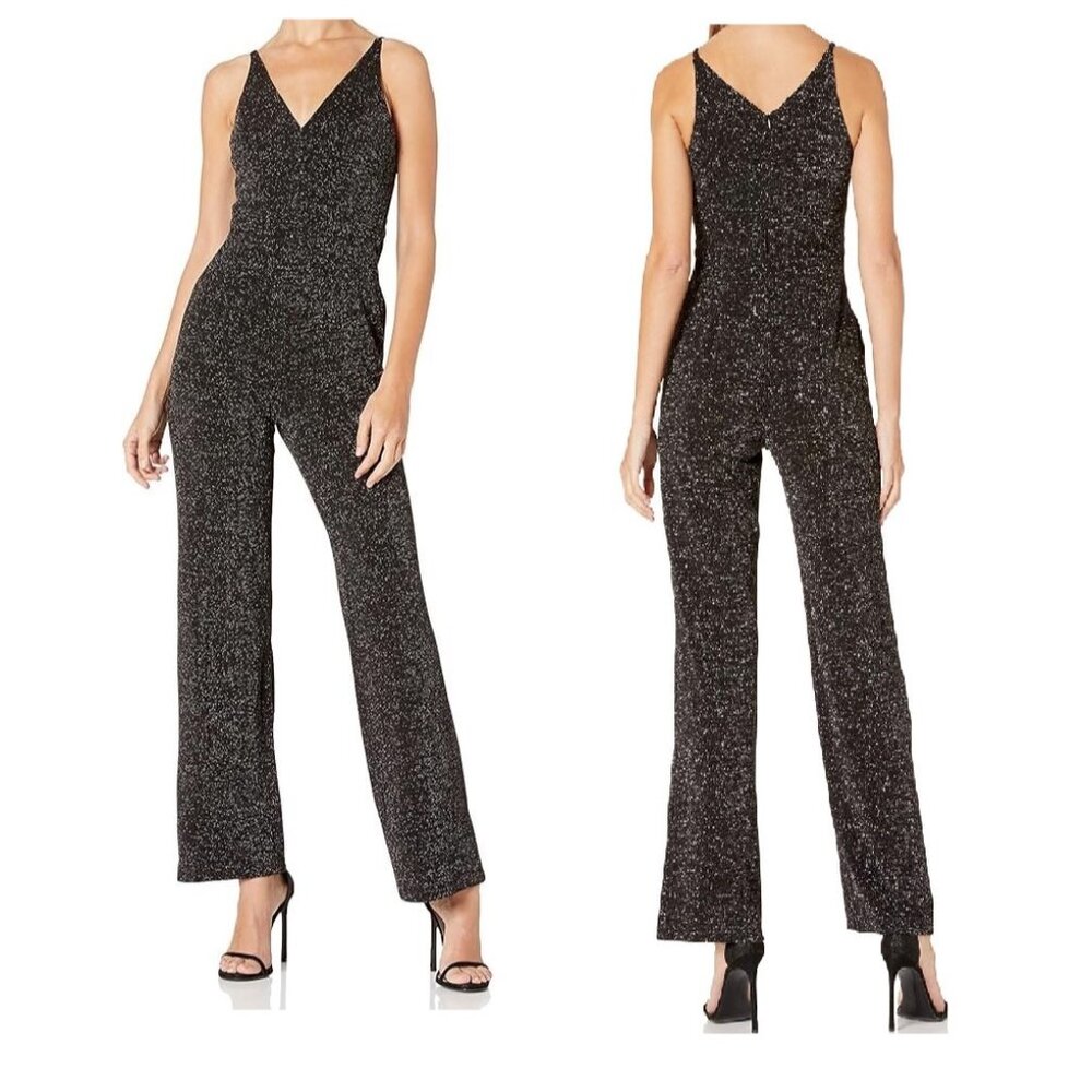 DONNA MORGAN Black Metallic Knit Deep V-Neck Sleeveless Stretch Jumpsuit